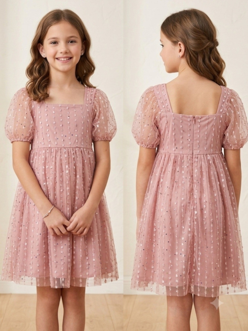 Wonder Nation Girls Dusty Pink Sequin Tulle Dress Puff Sleeve Sz 10